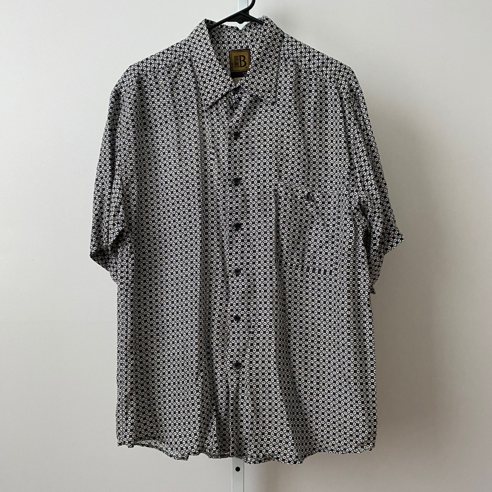 Bruno B Silk Relaxed Tropical Coastal Academia Geo Button Shirt Large Black